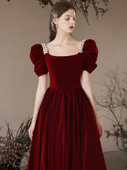 A-Line Velvet Burgundy Long Prom Dress Burgundy Long Formal Dress