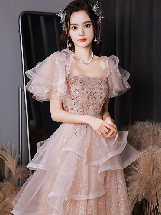 A-Line Tulle Sequin Pink Long Prom Dress Shiny Sequin Pink Long Evening Dress