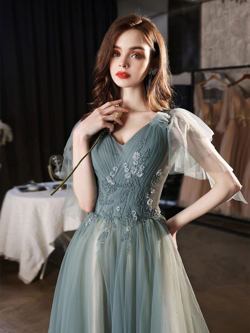 Green V-Neck Tulle Lace Long Prom Dress Green Tulle Formal Dress