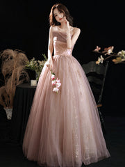 A-Line Pink Long Prom Dress Formal Pink Lace Graduation Dress with Sequin Lace Beading