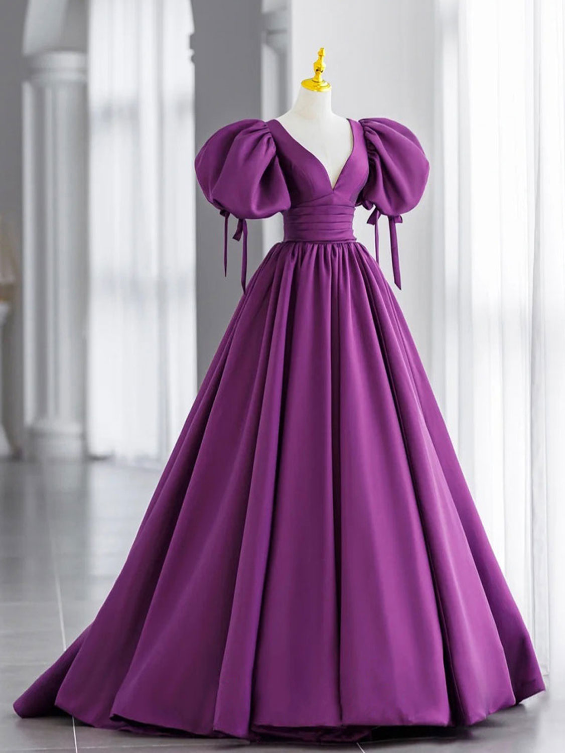 Purple V-Neck Satin Long Prom Dresses Purple Evening Dresses