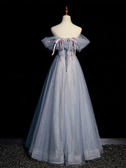 A-Line Tulle Gray Blue Long Prom Dress Gray Formal Gown