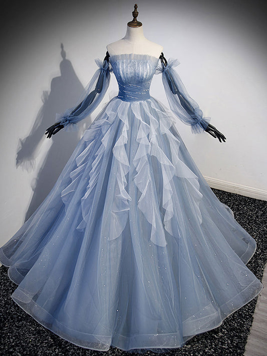 A-Line Tulle Gray Blue Long Prom Dress Gray Blue Formal Evening Dress