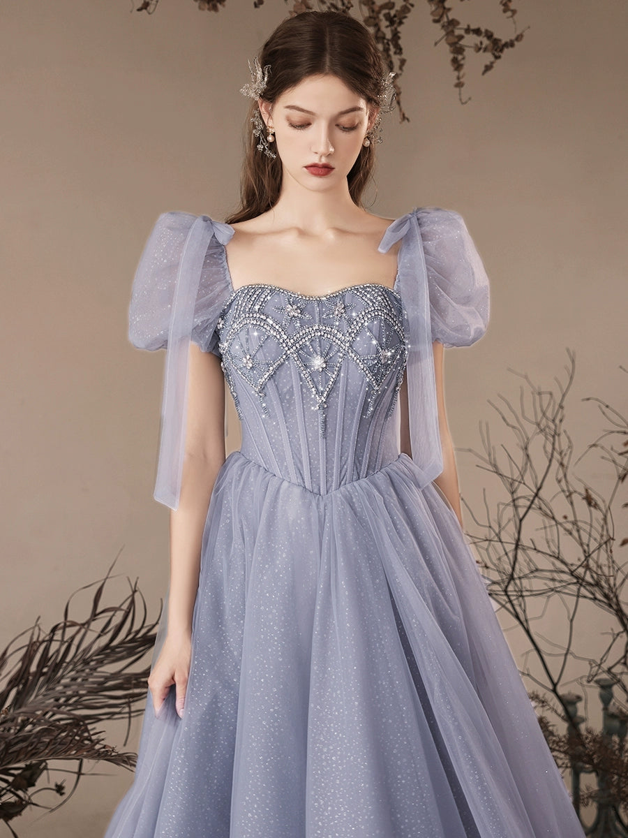 A-Line Sweetheart Neck Tulle Beaded Blue Long Prom Dress Blue Long Evening Dress