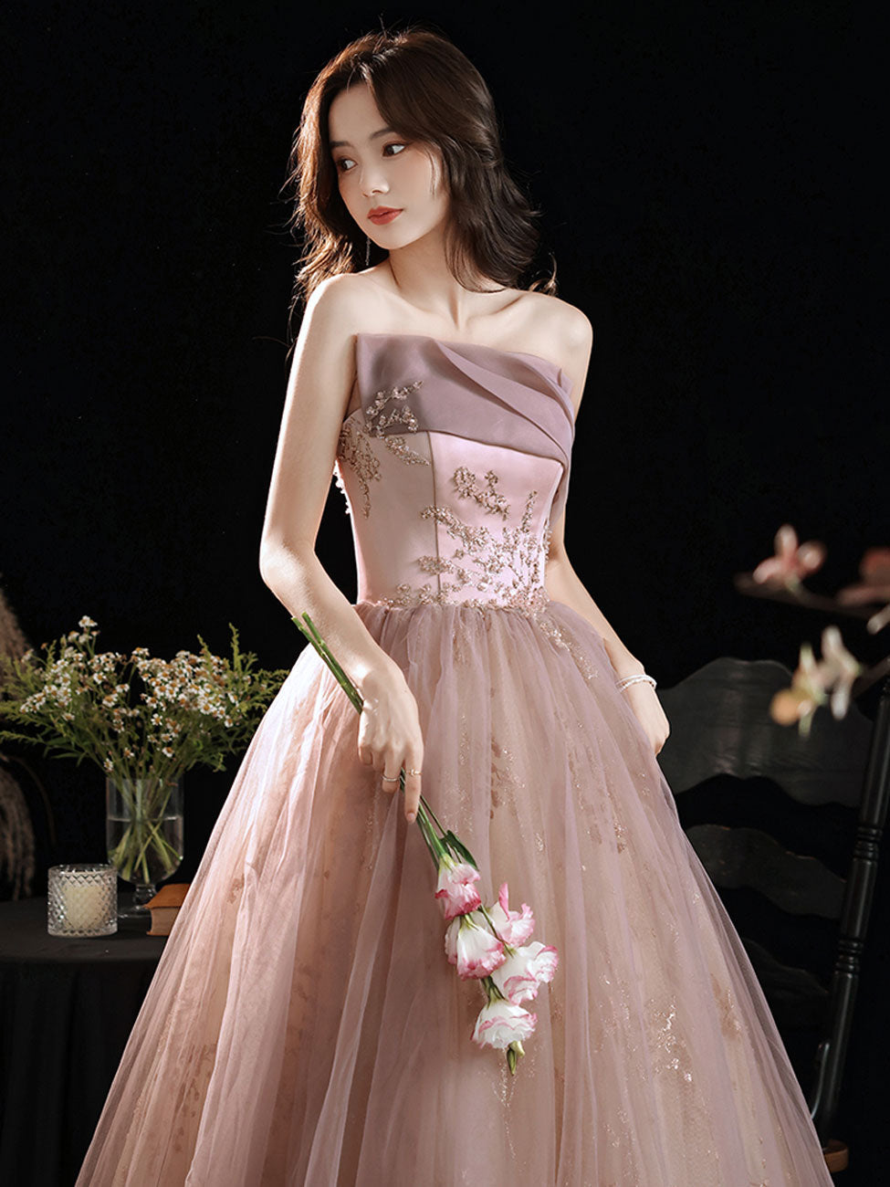 A-Line Pink Long Prom Dress Formal Pink Lace Graduation Dress with Sequin Lace Beading