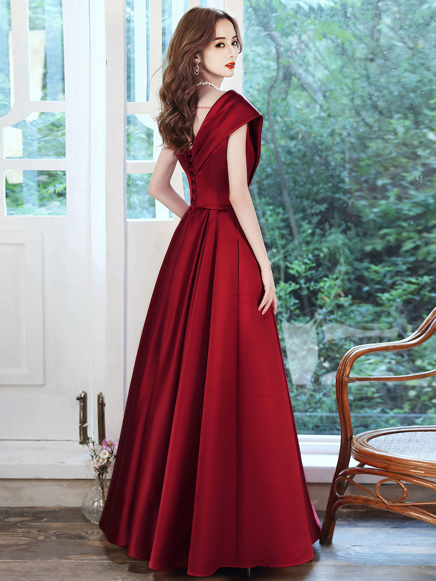 Burgundy V-Neck Satin Long Prom Dress Burgundy Evening Dress