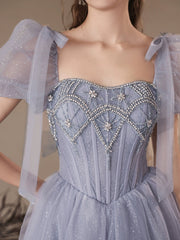 A-Line Sweetheart Neck Tulle Beaded Blue Long Prom Dress Blue Long Evening Dress