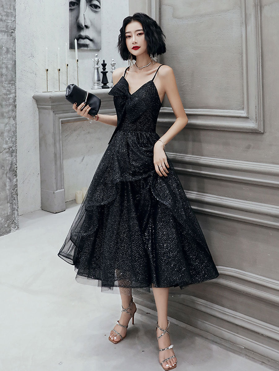 Simple V-Neck Black Tulle Short Prom Dress Black Party Dress