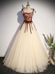 A-Line Champagne Tulle Long Prom Dress Champagne Evening Dress