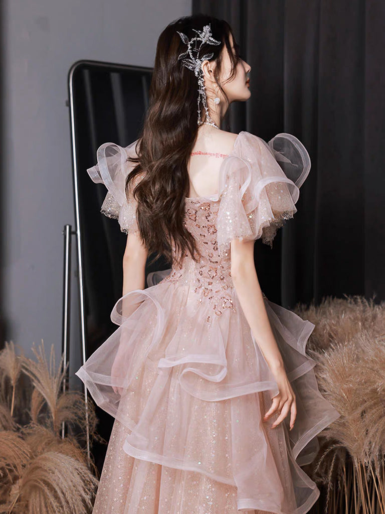 A-Line Tulle Sequin Pink Long Prom Dress Shiny Sequin Pink Long Evening Dress