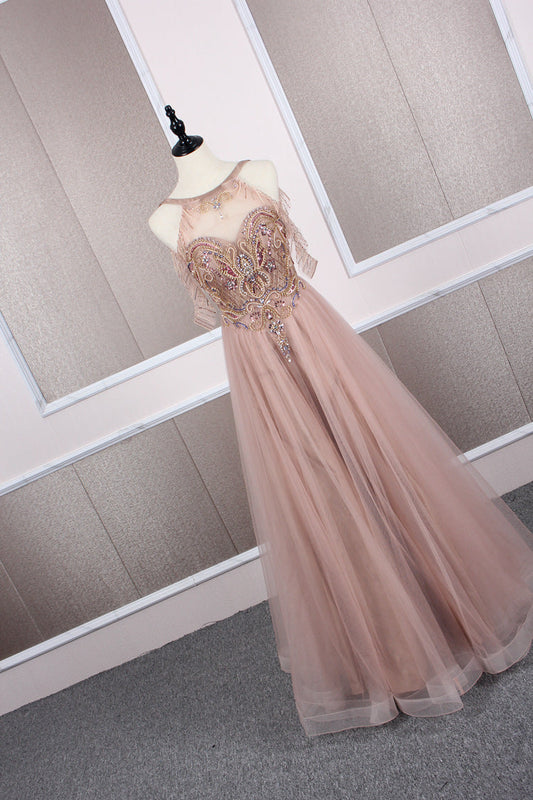 Champagne Tulle Beaded Long Prom Dress Champagne Evening Dress