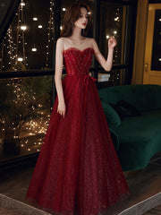 A-Line Round Neck Tulle Sequin Long Prom Dress Burgundy Formal Dress