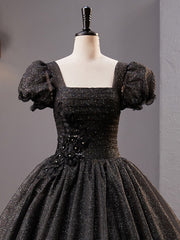 Black Square Neckline Tulle Long Prom Dress Shiny Black Evening Dress