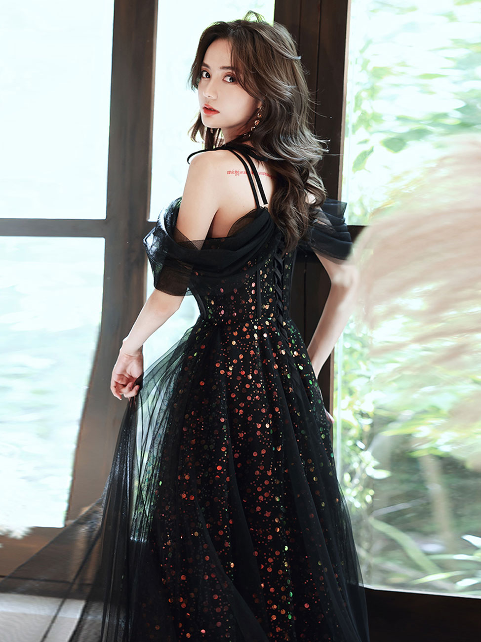 A-Line Black Long Prom Dress Off-Shoulder Tulle Long Evening Dress with Sequin Tulle