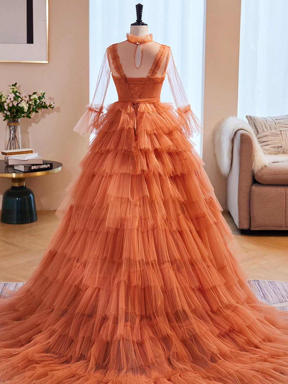 Unique High Neck Tulle Long Prom Dress Orange Formal Evening Dress