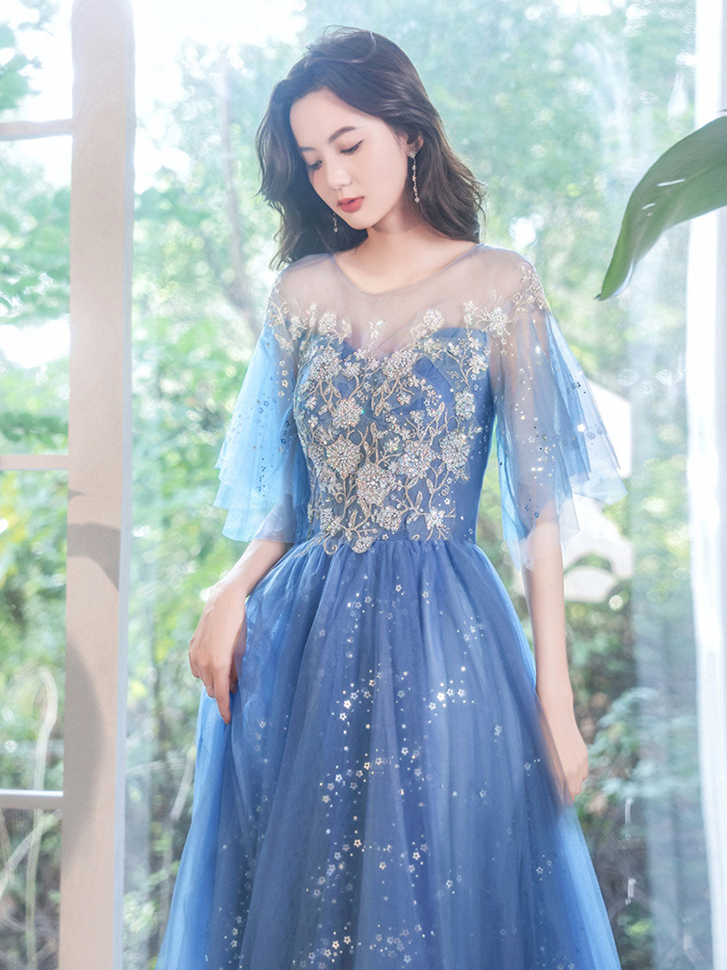 Blue A-Line Tulle Sequin Long Prom Dress Blue Formal Evening Dress