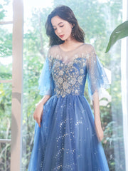 Blue A-Line Tulle Sequin Long Prom Dress Blue Formal Evening Dress