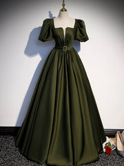 Green Satin A-Line Long Prom Dress Green Formal Party Dress