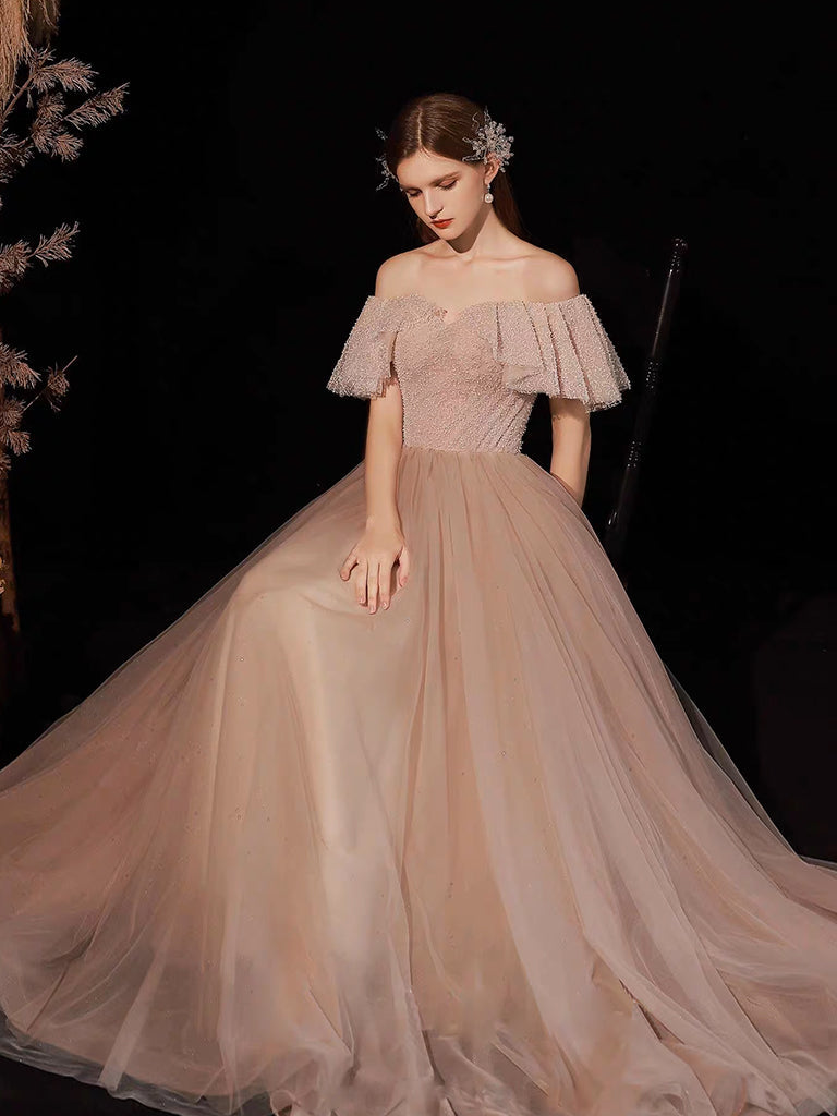 A-Line Sweetheart Neck Tulle Pink Long Prom Dress Pink Tulle Long Evening Dress