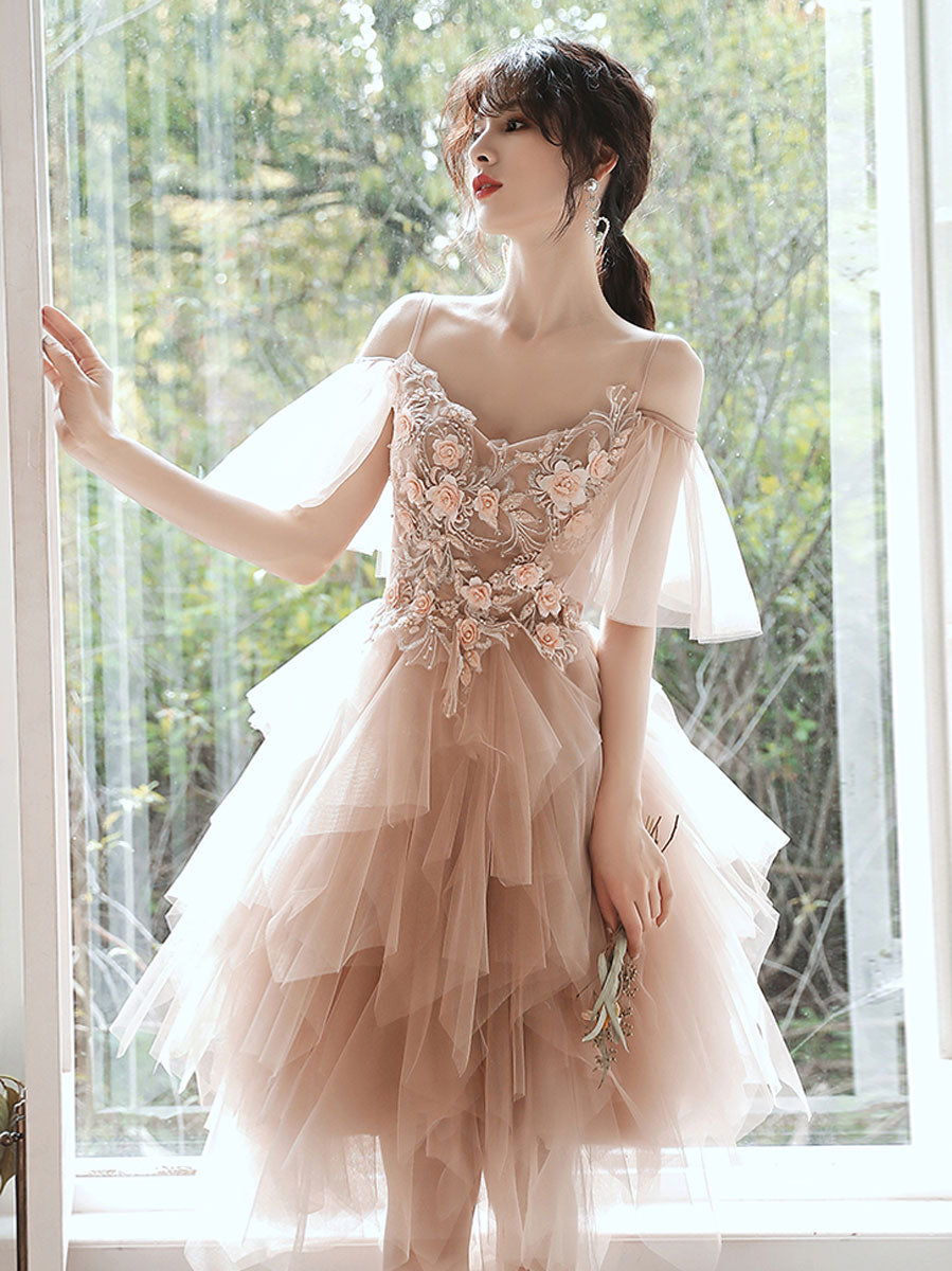 Champagne Tulle Lace Short Prom Dress Champagne Homecoming Dress