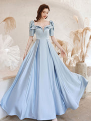 A-Line Square Neckline Satin Blue Long Prom Dress Blue Formal Evening Dress