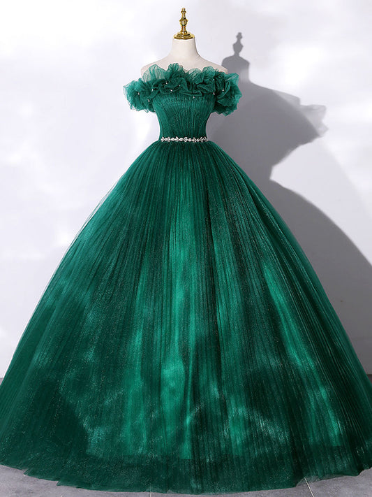 Green Tulle Off-Shoulder Long Prom Dress Green Tulle Sweet 16 Dress