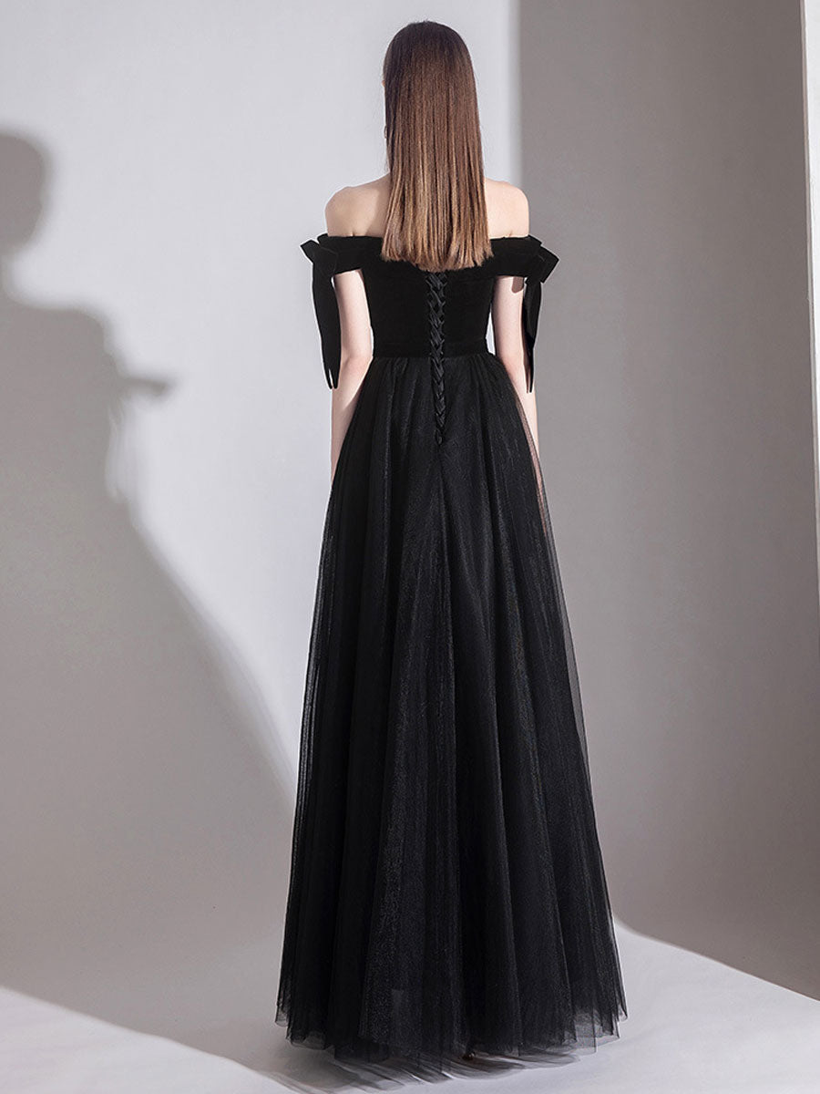 Simple Black Off-Shoulder Tulle Long Prom Dress Black Evening Dress