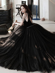 Black A-Line Tulle Beaded Long Prom Dress Black Evening Dress