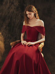 A-Line Off-Shoulder Satin Burgundy Long Prom Dress Burgundy Formal Evening Dress