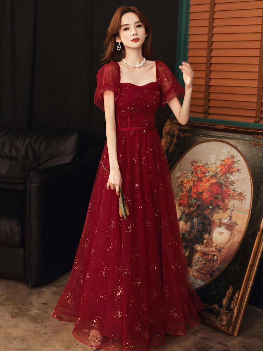 Burgundy A-Line Tulle Sequin Long Prom Dress Burgundy Tulle Formal Dress