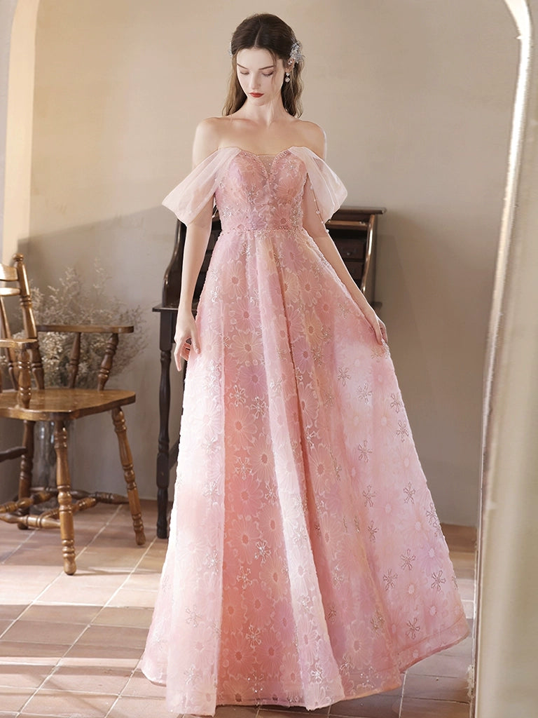 A-Line Tulle Lace Off-Shoulder Pink Long Prom Dress Pink Lace Long Graduation Dress