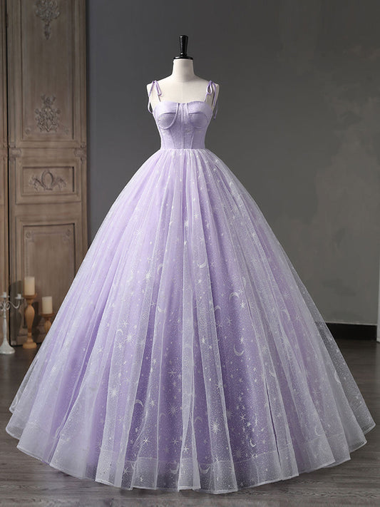 A-Line Tulle Purple Long Prom Dress Purple Formal Evening Dress