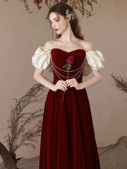 A-Line Sweetheart Neck Velvet Burgundy Long Prom Dress Burgundy Evening Dress