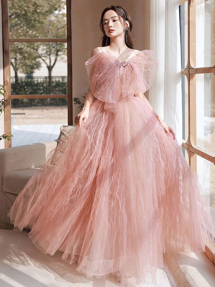 Pink A-Line Tulle Long Prom Dress Pink Formal Evening Dress