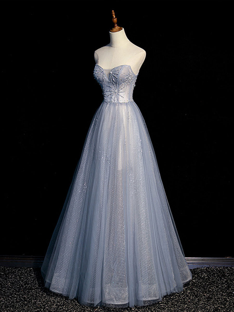 A-Line Tulle Gray Blue Long Prom Dress Gray Formal Gown