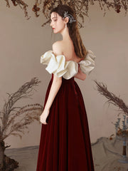 A-Line Sweetheart Neck Velvet Burgundy Long Prom Dress Burgundy Evening Dress