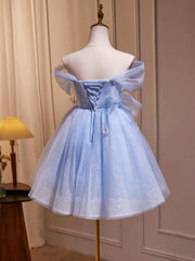 A-Line Off-Shoulder Tulle Short Blue Prom Dress Cute Blue Homecoming Dress