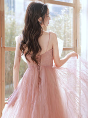 Pink A-Line Tulle Long Prom Dress Pink Formal Evening Dress