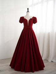 A-Line Velvet Burgundy Long Prom Dress Burgundy Bridesmaid Dress