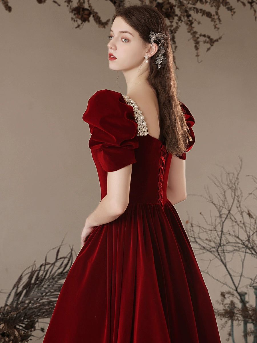 A-Line Velvet Burgundy Long Prom Dress Burgundy Long Formal Dress