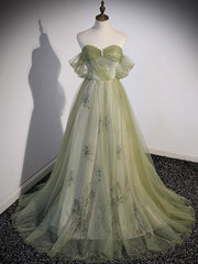 A-Line Green Tulle Long Prom Dress Green Formal Evening Party Dress