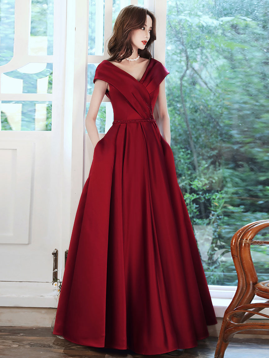 Burgundy V-Neck Satin Long Prom Dress Burgundy Evening Dress