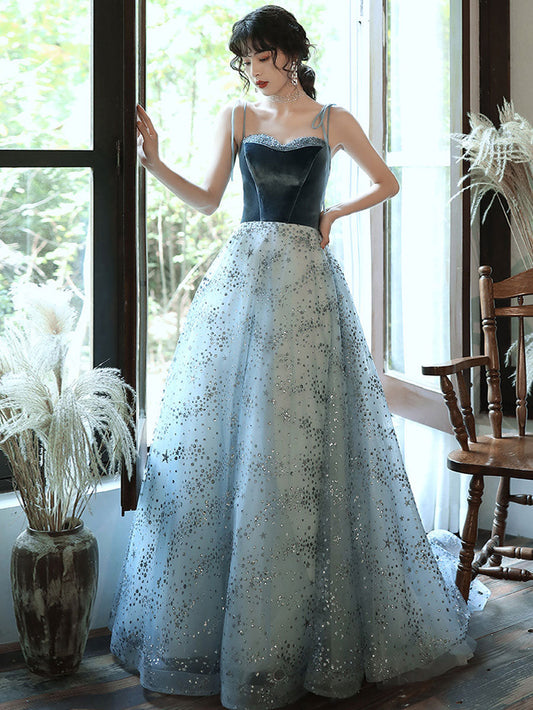 A-Line Tulle Sequin Long Prom Dress Blue Tulle Long Evening Dress