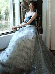 A-Line Tulle Sequin Long Prom Dress Blue Tulle Long Evening Dress