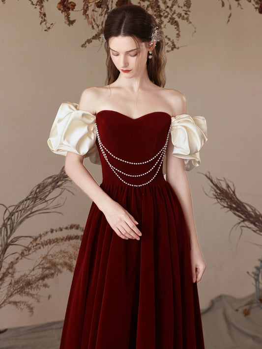 A-Line Sweetheart Neck Velvet Burgundy Long Prom Dress Burgundy Evening Dress