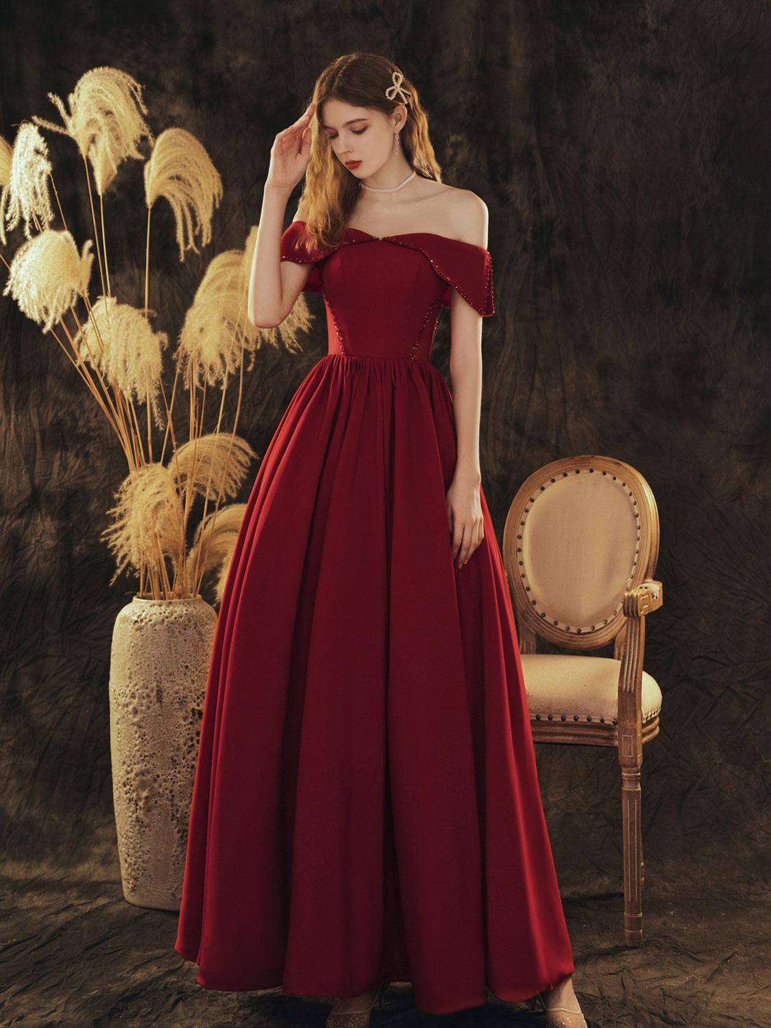 A-Line Off-Shoulder Satin Burgundy Long Prom Dress Burgundy Formal Evening Dress