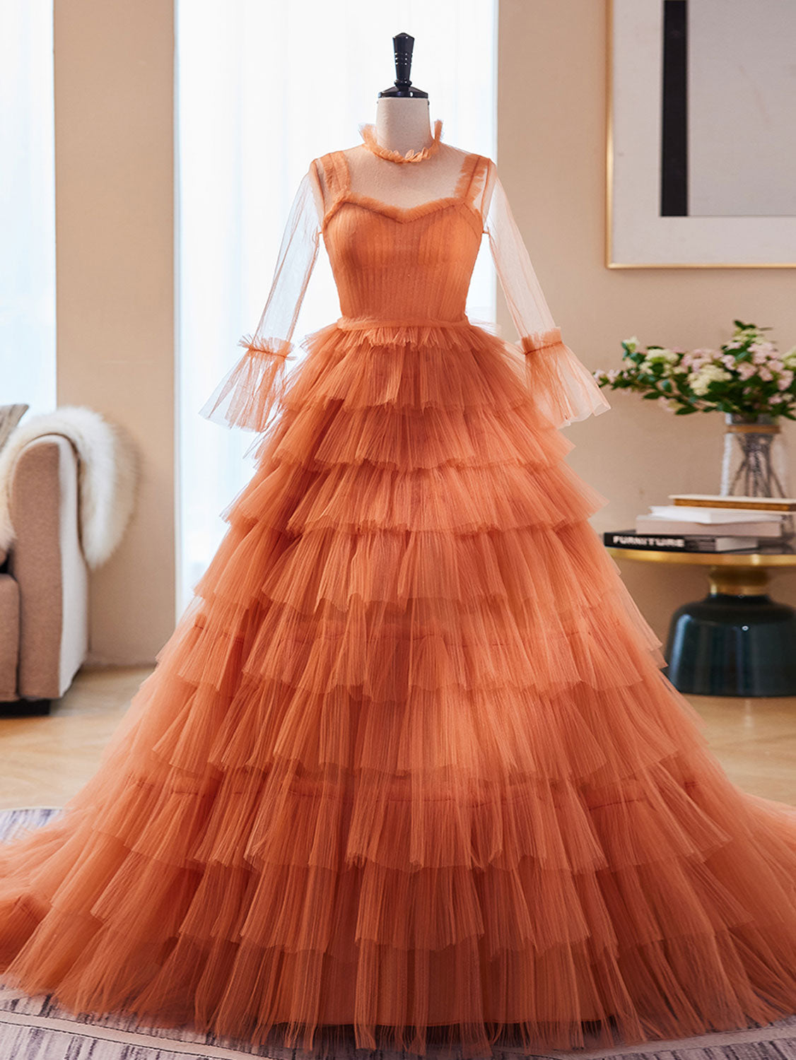 Unique High Neck Tulle Long Prom Dress Orange Formal Evening Dress