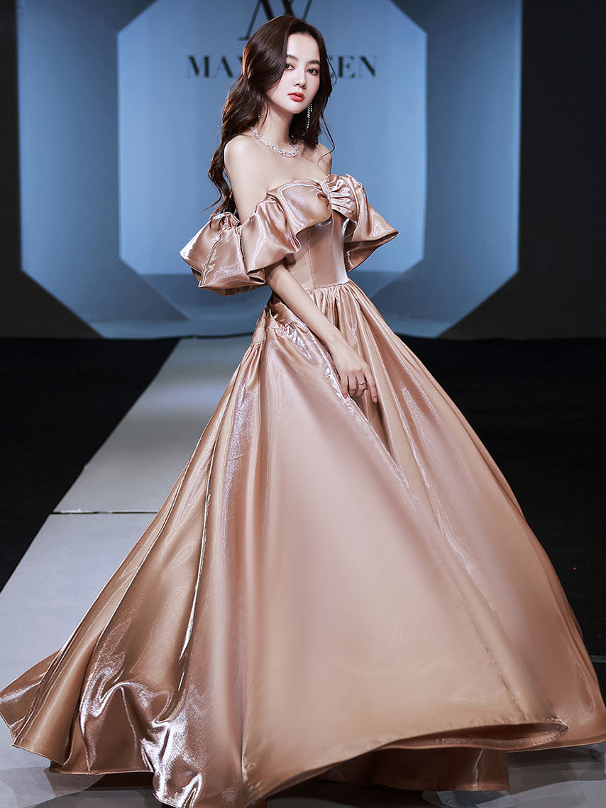 Simple Off-Shoulder Satin Long Prom Dress Champagne Evening Dress