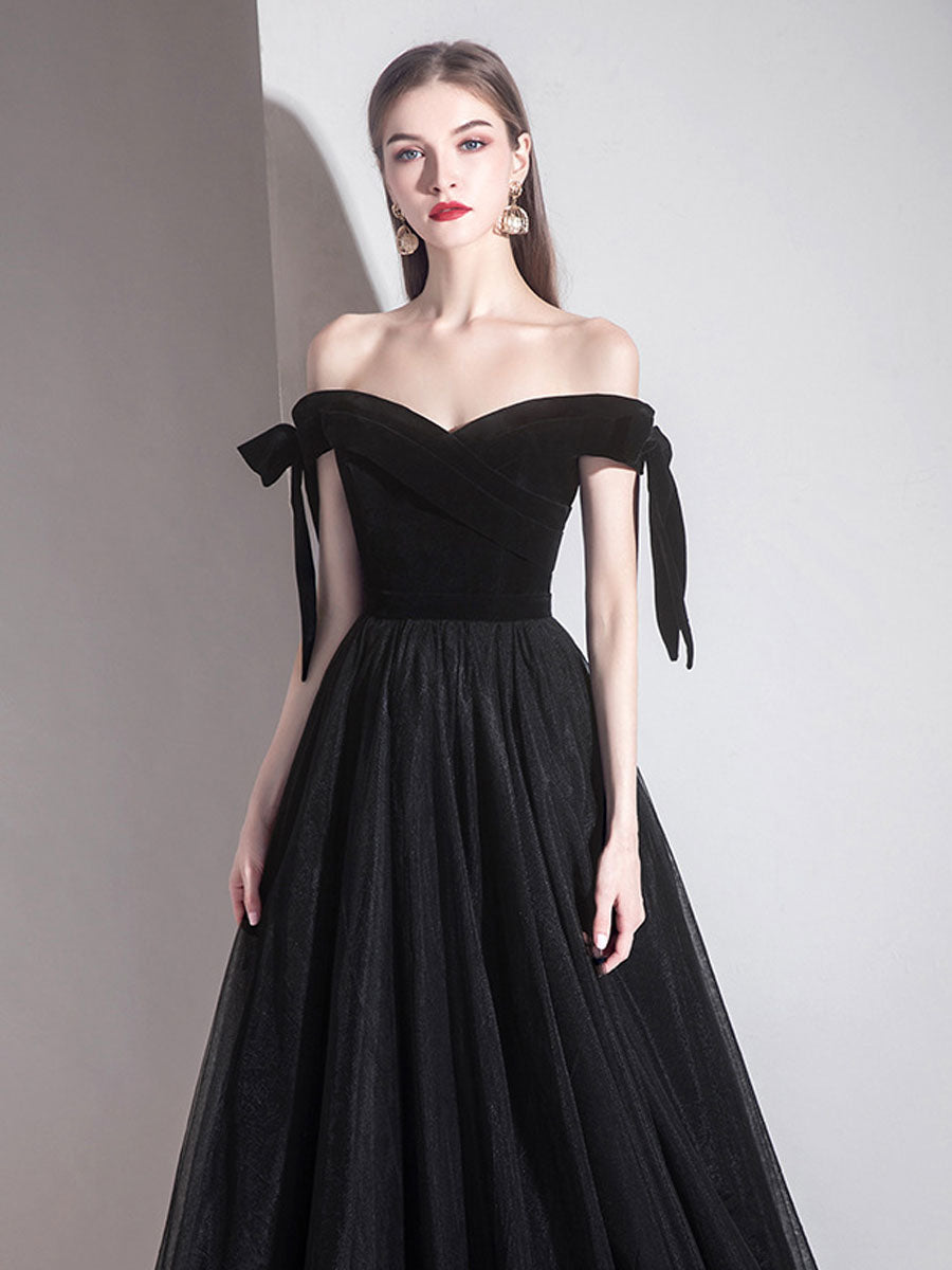 Simple Black Off-Shoulder Tulle Long Prom Dress Black Evening Dress