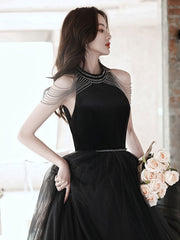 Black A-Line Tulle Beaded Long Prom Dress Black Evening Dress